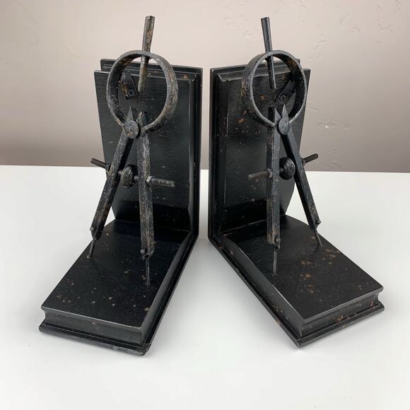 Sterling Architect Compass Bookends Rusted Black Finish Set of Two - Picture 1 of 9